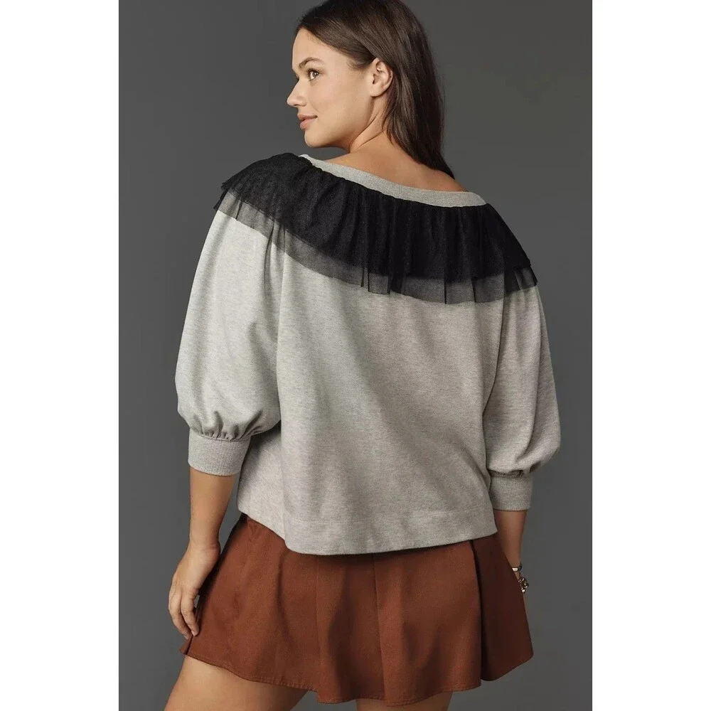 Anthropologie Maeve V-Neck Bow Sweater Pullover Top Tulle Mesh Ruffle XL 289709